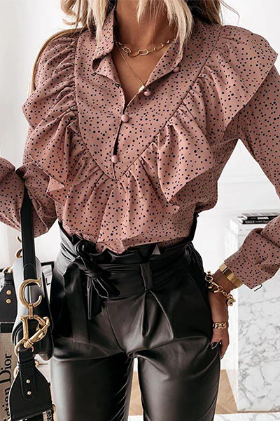 Casual Elegant Print Buckle Flounce Mandarin Collar Tops - Image 8