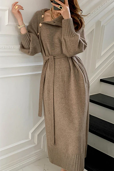 Casual Elegant Solid Buckle With Belt Turtleneck Dresses(3 colors) - Image 5
