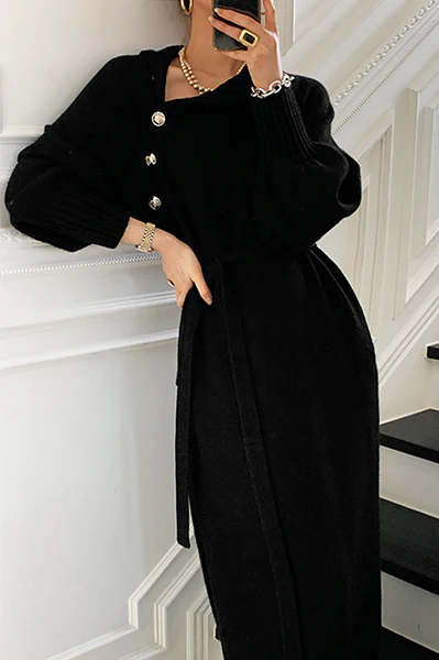 Casual Elegant Solid Buckle With Belt Turtleneck Dresses(3 colors) - Image 6