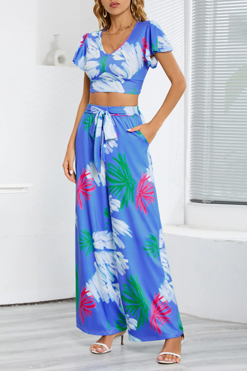 Casual Floral Pocket O Neck Short Sleeve Two Pieces(3 Colors) - Image 20
