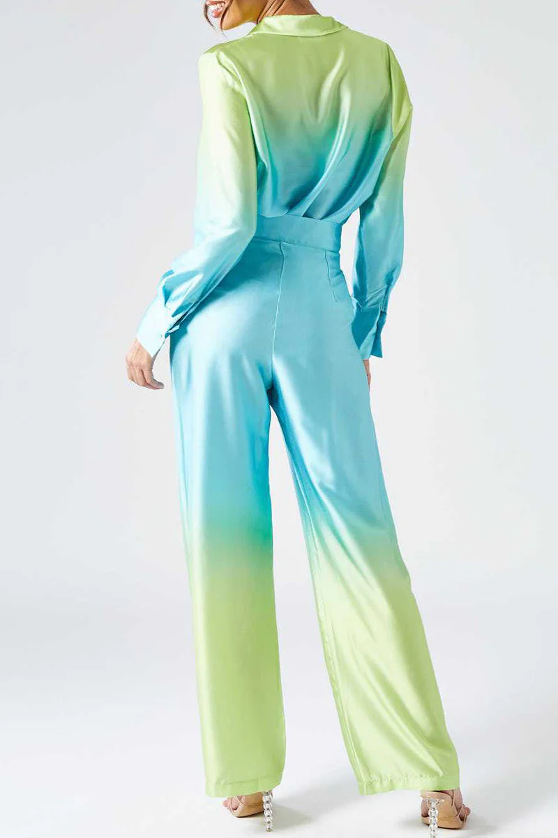 Casual Gradual Change Contrast Turndown Collar Long Sleeve Two Pieces - Image 2