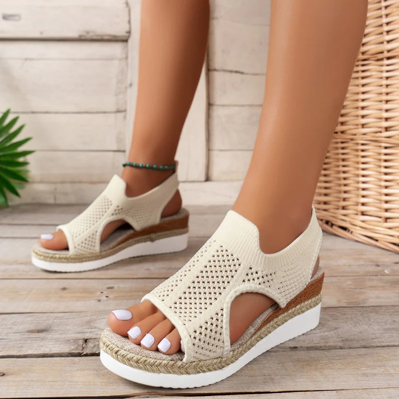 Casual Hollowed Out Patchwork Contrast Fish Mouth Out Wedges Shoes (Heel Height 2.16in) - Image 15