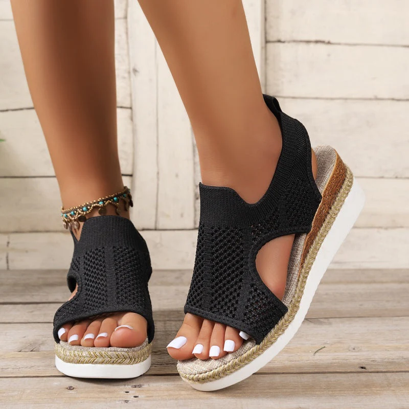 Casual Hollowed Out Patchwork Contrast Fish Mouth Out Wedges Shoes (Heel Height 2.16in) - Image 18