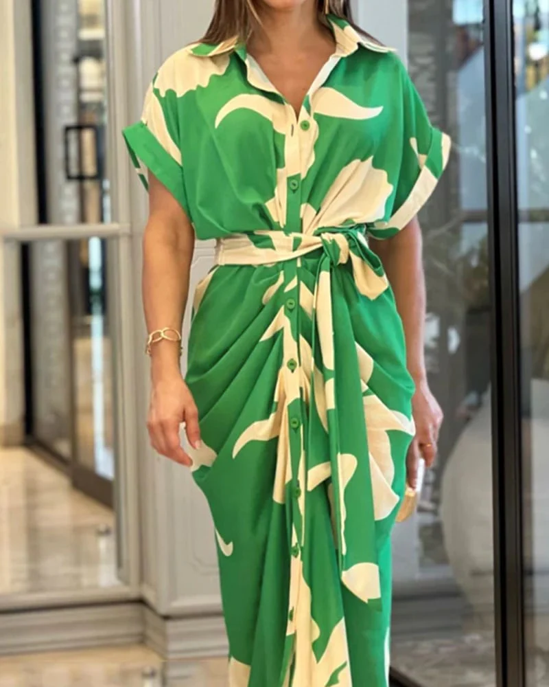 Casual Lapel Neck Waist Print Shirt Dress - Image 4
