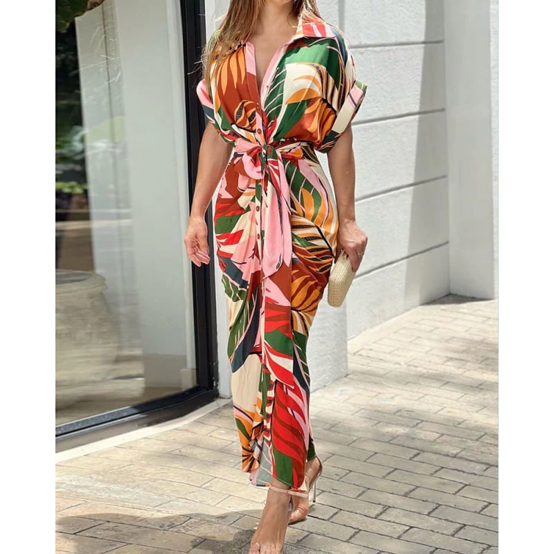 Casual Lapel Neck Waist Print Shirt Dress - Image 7