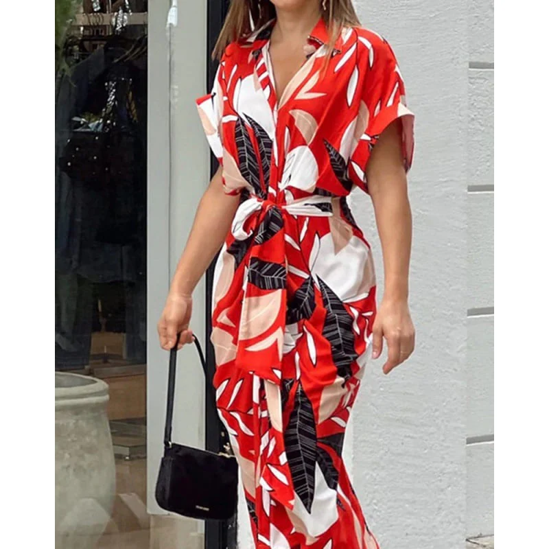 Casual Lapel Neck Waist Print Shirt Dress - Image 8