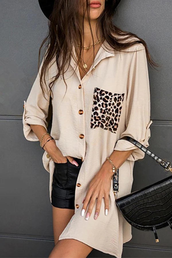 Casual Leopard Patchwork Buckle Turndown Collar Tops - Image 5
