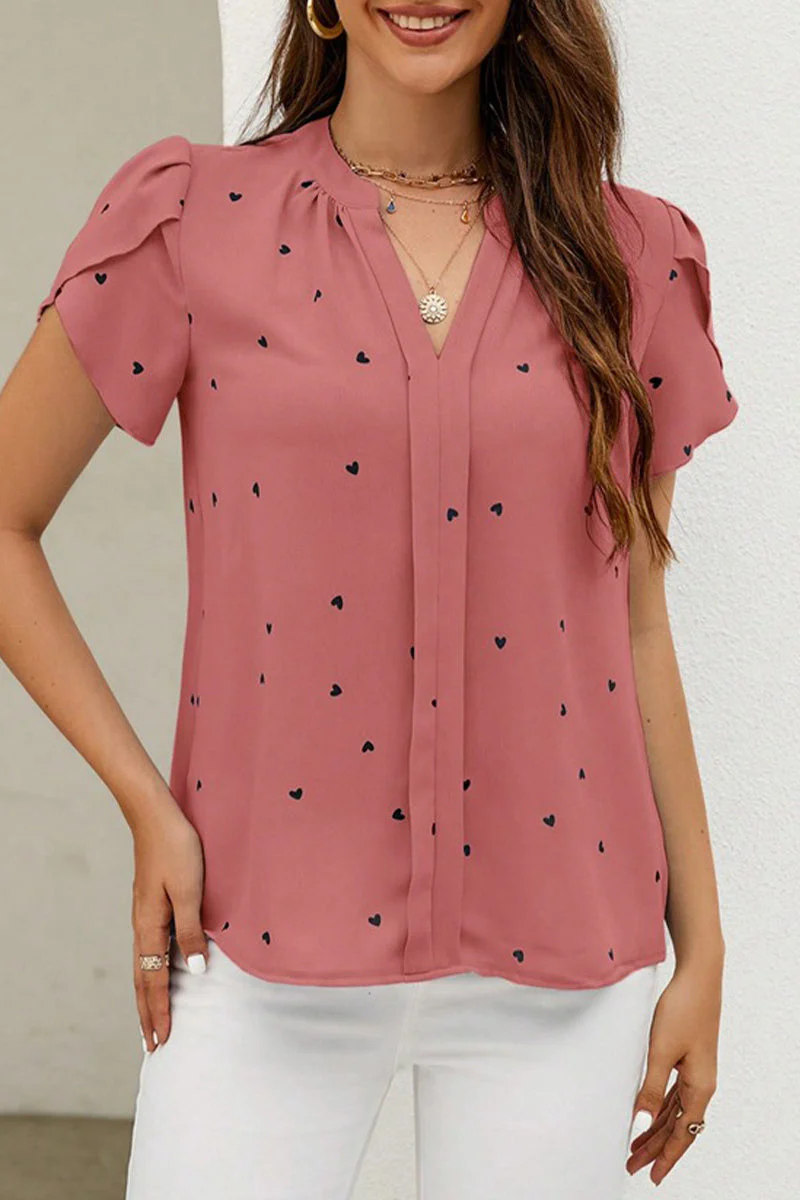 Casual Love Print Patchwork V Neck Tops - Image 10