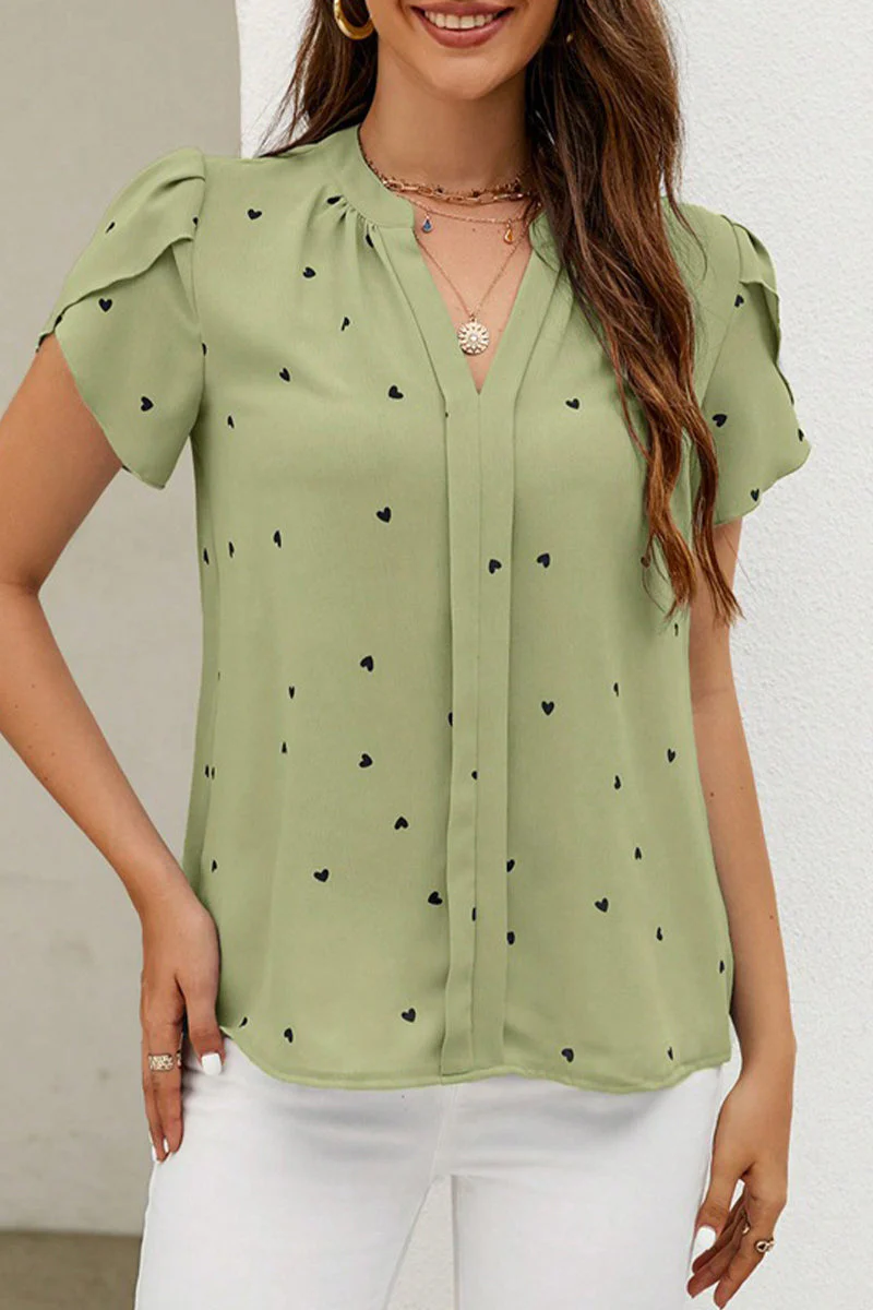 Casual Love Print Patchwork V Neck Tops - Image 14