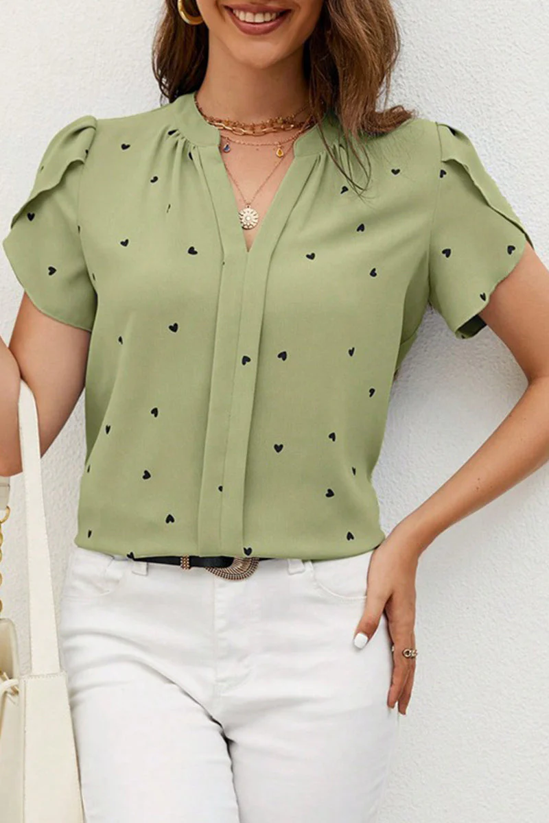 Casual Love Print Patchwork V Neck Tops - Image 23