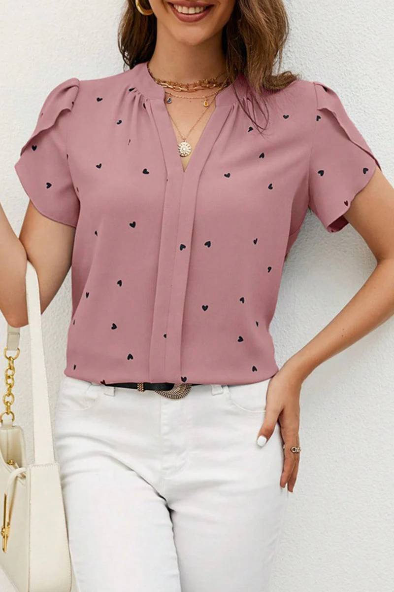 Casual Love Print Patchwork V Neck Tops - Image 24