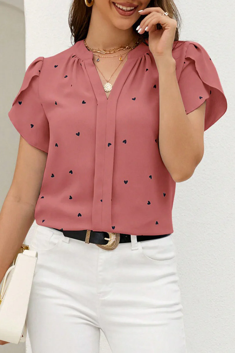 Casual Love Print Patchwork V Neck Tops - Image 28