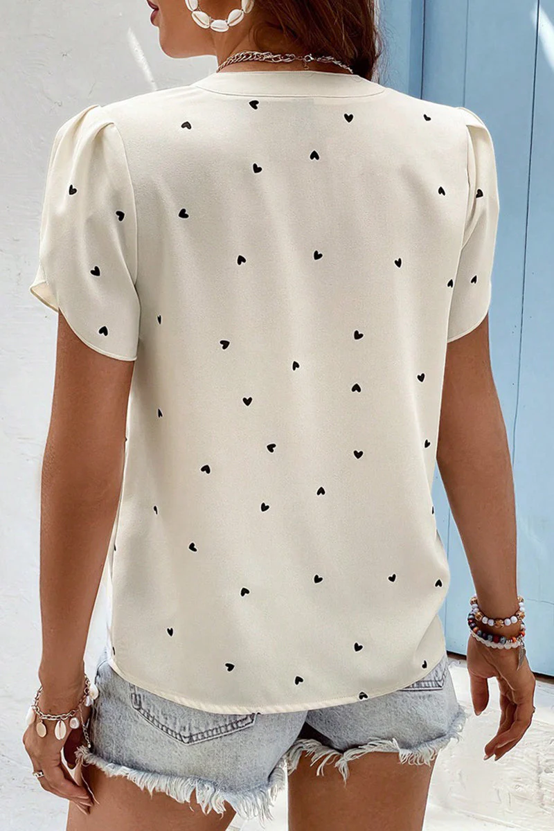 Casual Love Print Patchwork V Neck Tops - Image 3