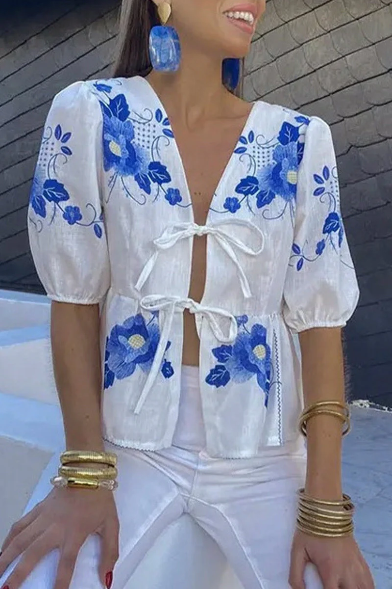 Casual Not Positioning Printed Flowers Frenulum V Neck Blouses - Image 4