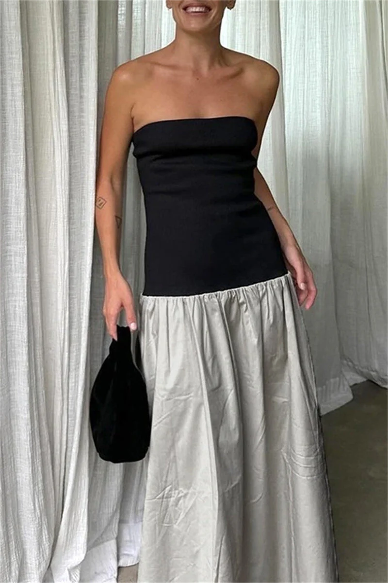 Casual Patchwork Backless Contrast Strapless Long Dresses - Image 3