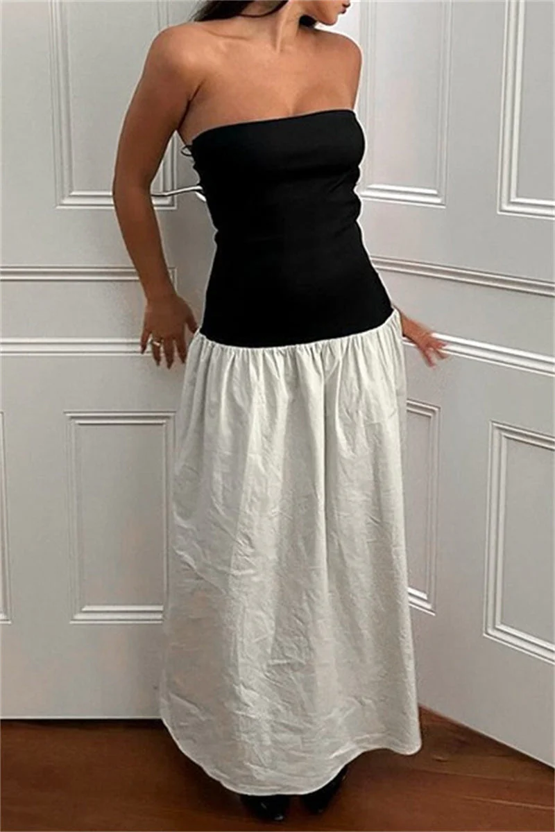 Casual Patchwork Backless Contrast Strapless Long Dresses - Image 4