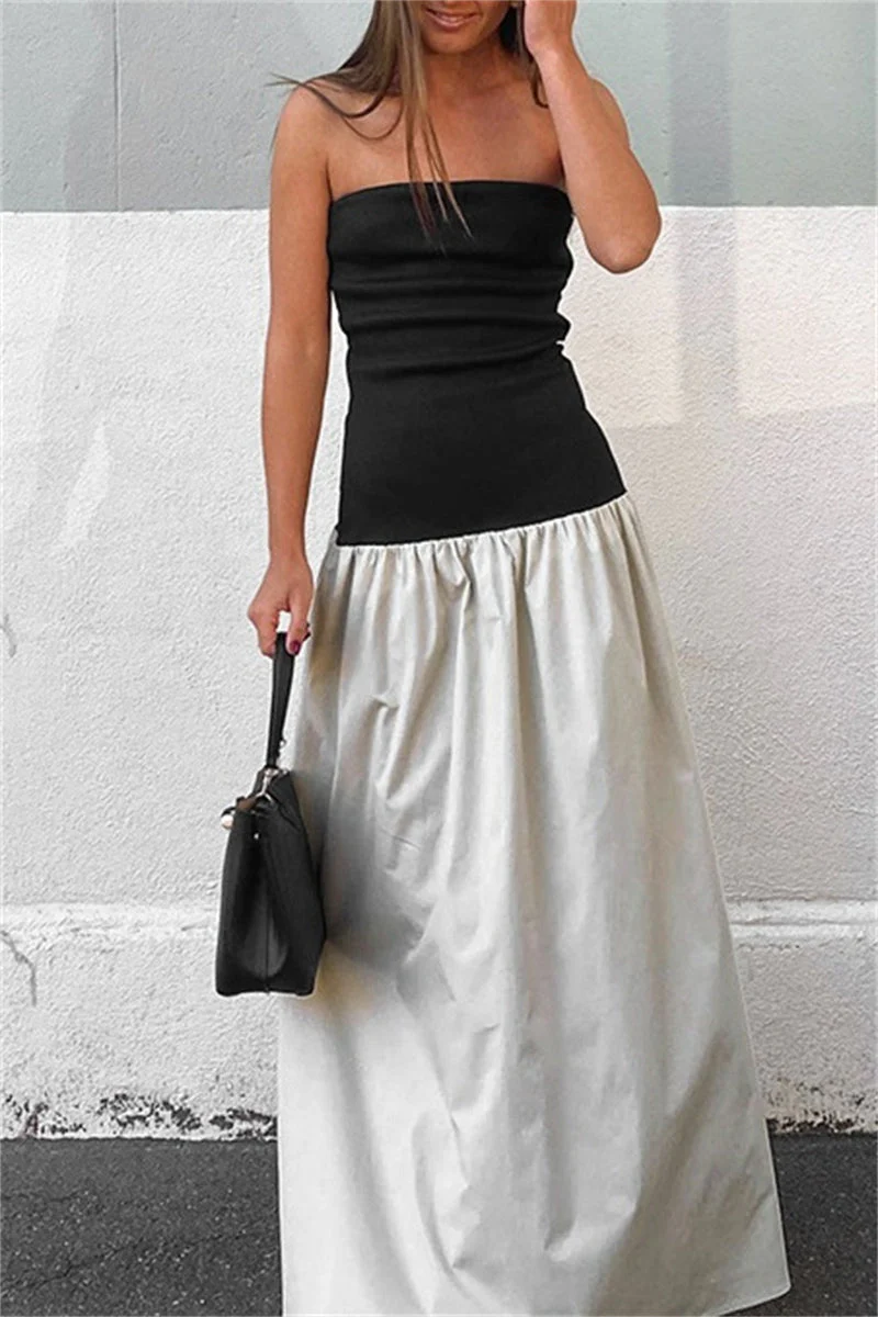 Casual Patchwork Backless Contrast Strapless Long Dresses - Image 7