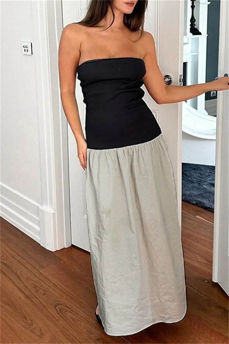 Casual Patchwork Backless Contrast Strapless Long Dresses - Image 9
