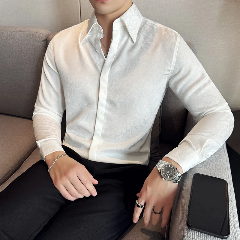 Dark Jacquard Lapel Floral Shirt Long Sleeve Casual Floral Shirt - Image 2