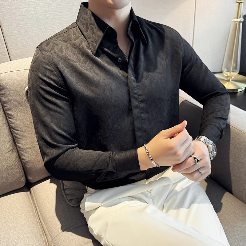 Dark Jacquard Lapel Floral Shirt Long Sleeve Casual Floral Shirt - Image 3