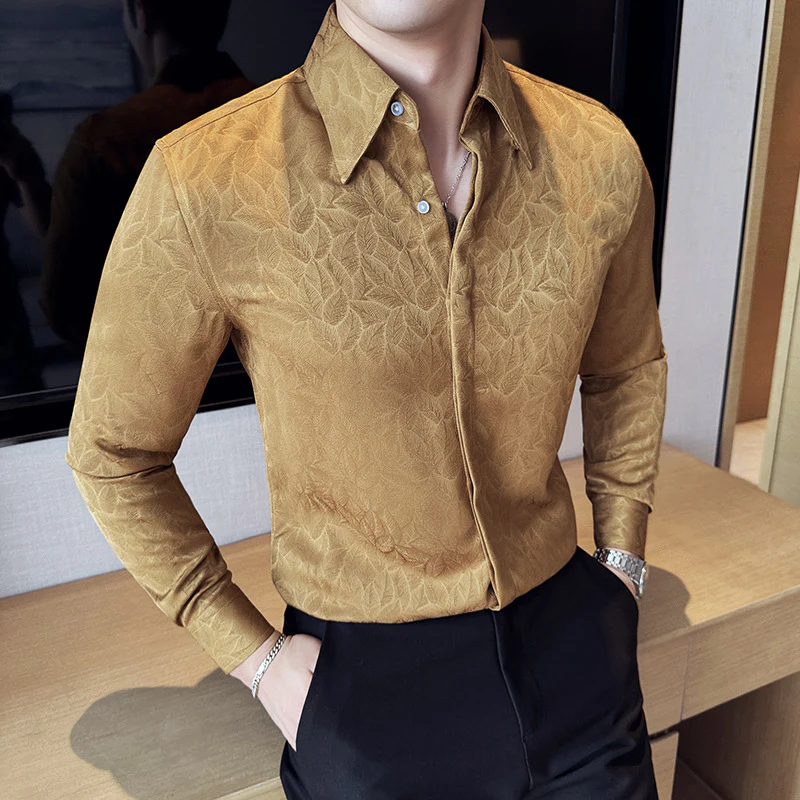 Dark Jacquard Lapel Floral Shirt Long Sleeve Casual Floral Shirt - Image 4