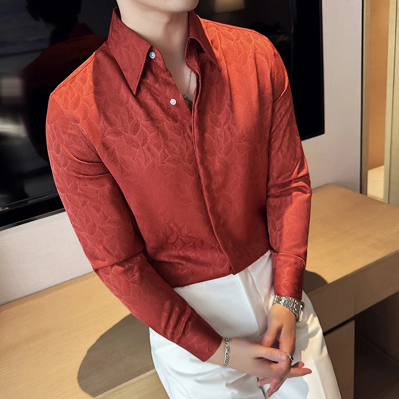 Dark Jacquard Lapel Floral Shirt Long Sleeve Casual Floral Shirt - Image 6