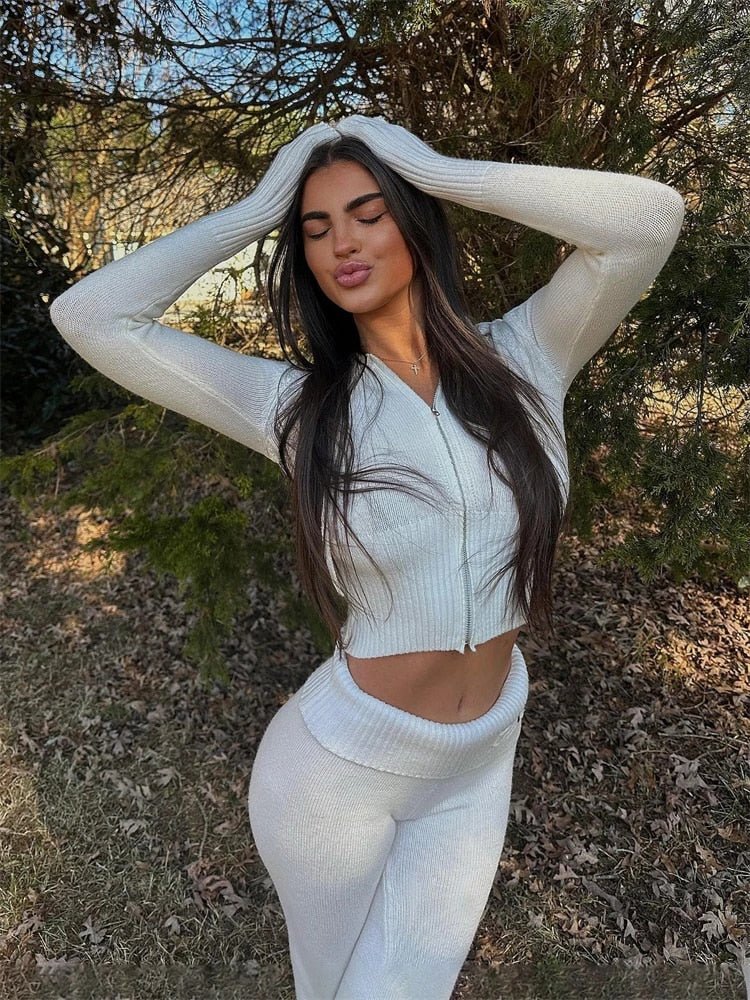 Women's fashionable and sexy high-waisted long-sleeved trousers two-piece set - Image 14