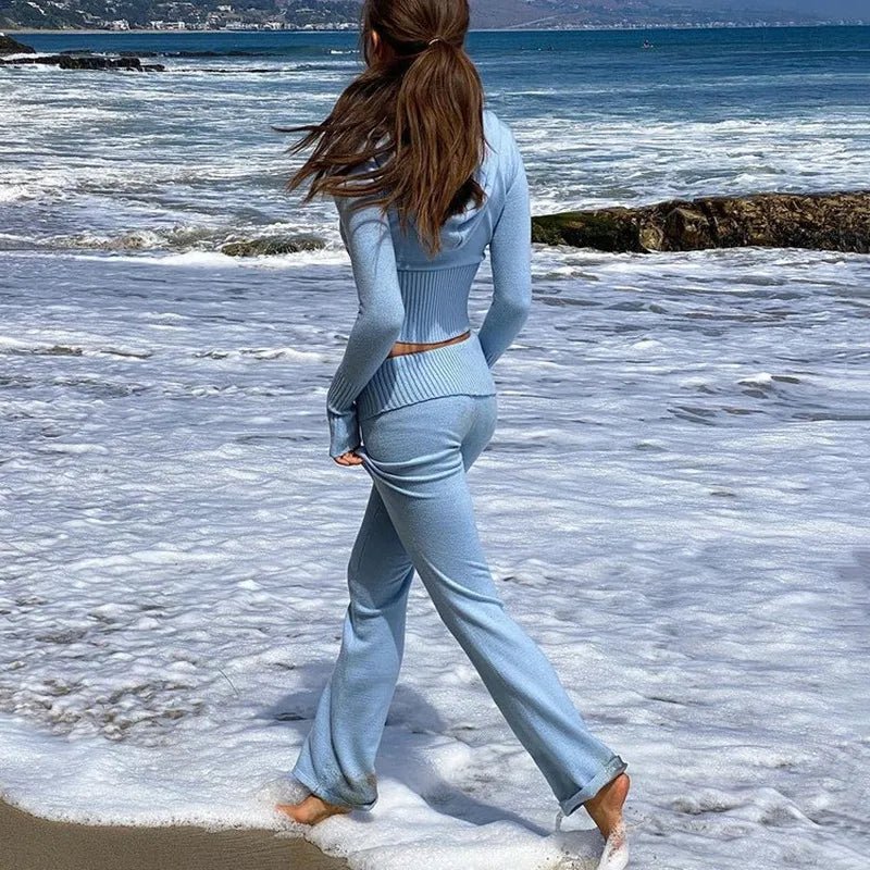 Women's fashionable and sexy high-waisted long-sleeved trousers two-piece set - Image 6