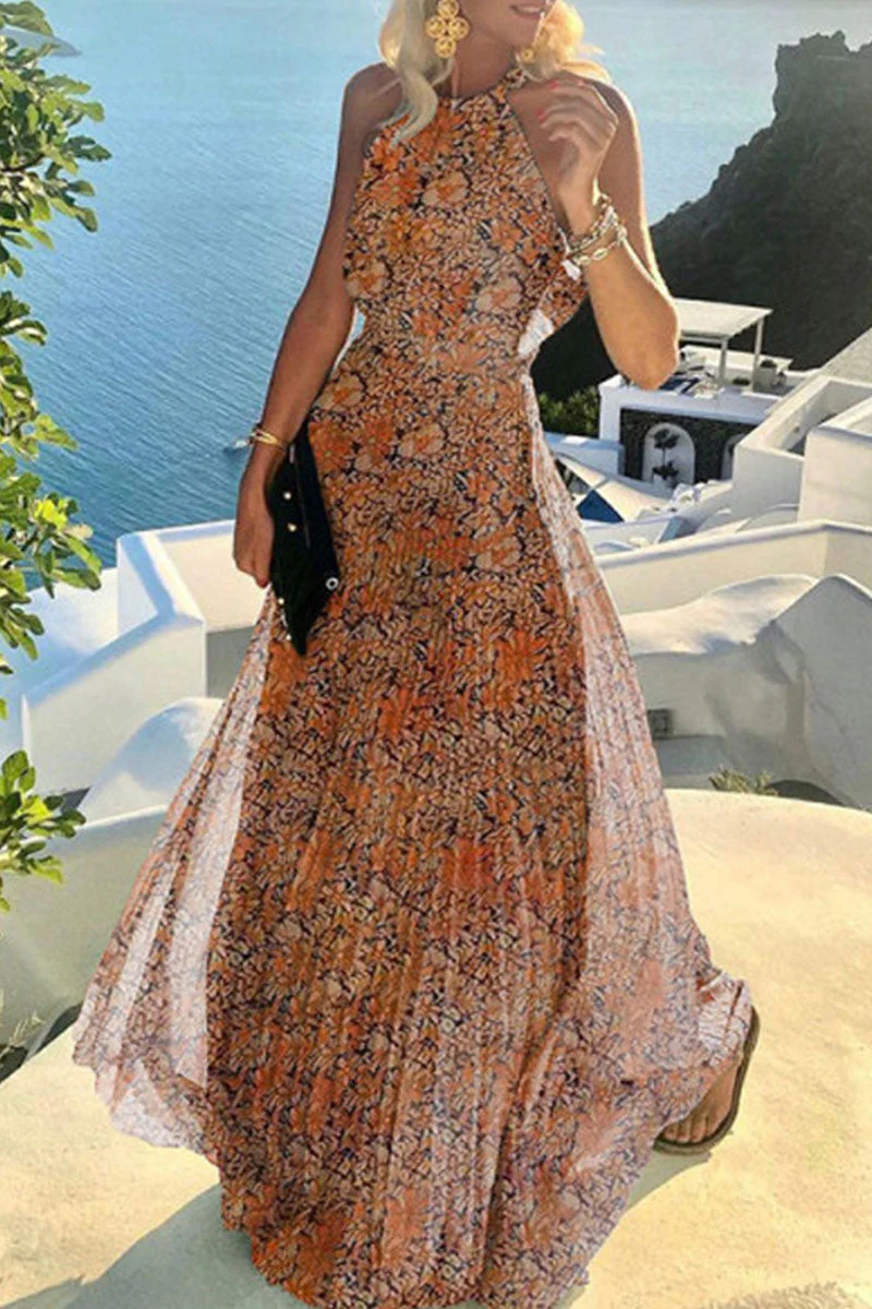 Fashion Bohemian Print Patchwork Halter Pleated Dresses - Image 20