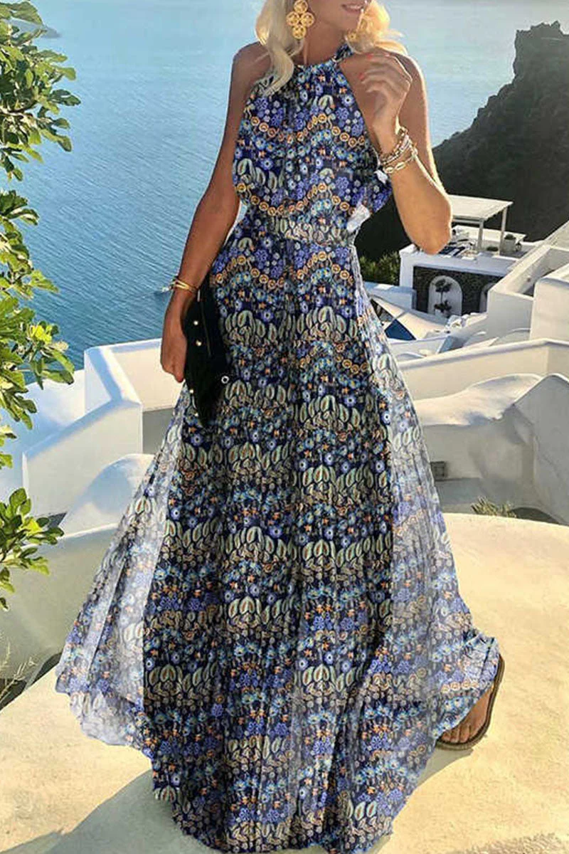 Fashion Bohemian Print Patchwork Halter Pleated Dresses - Image 8