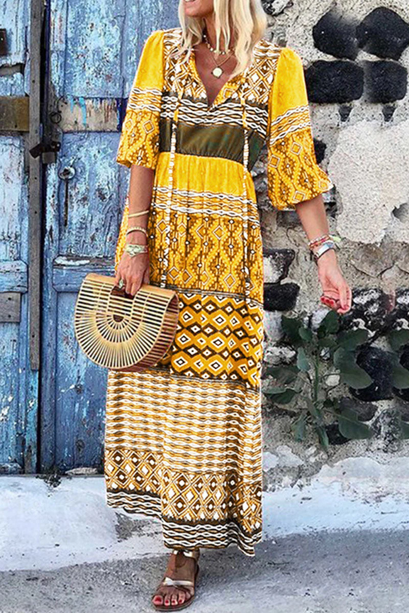 Fashion Bohemian Print Split Joint V Neck A Line Dresses - Image 9