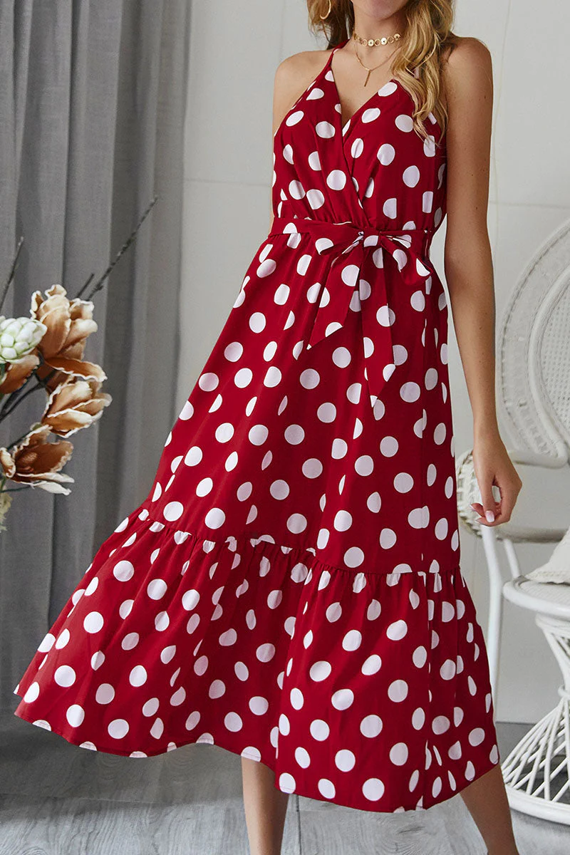 Fashion Casual Dot Frenulum V Neck A Line Dresses(3 colors)