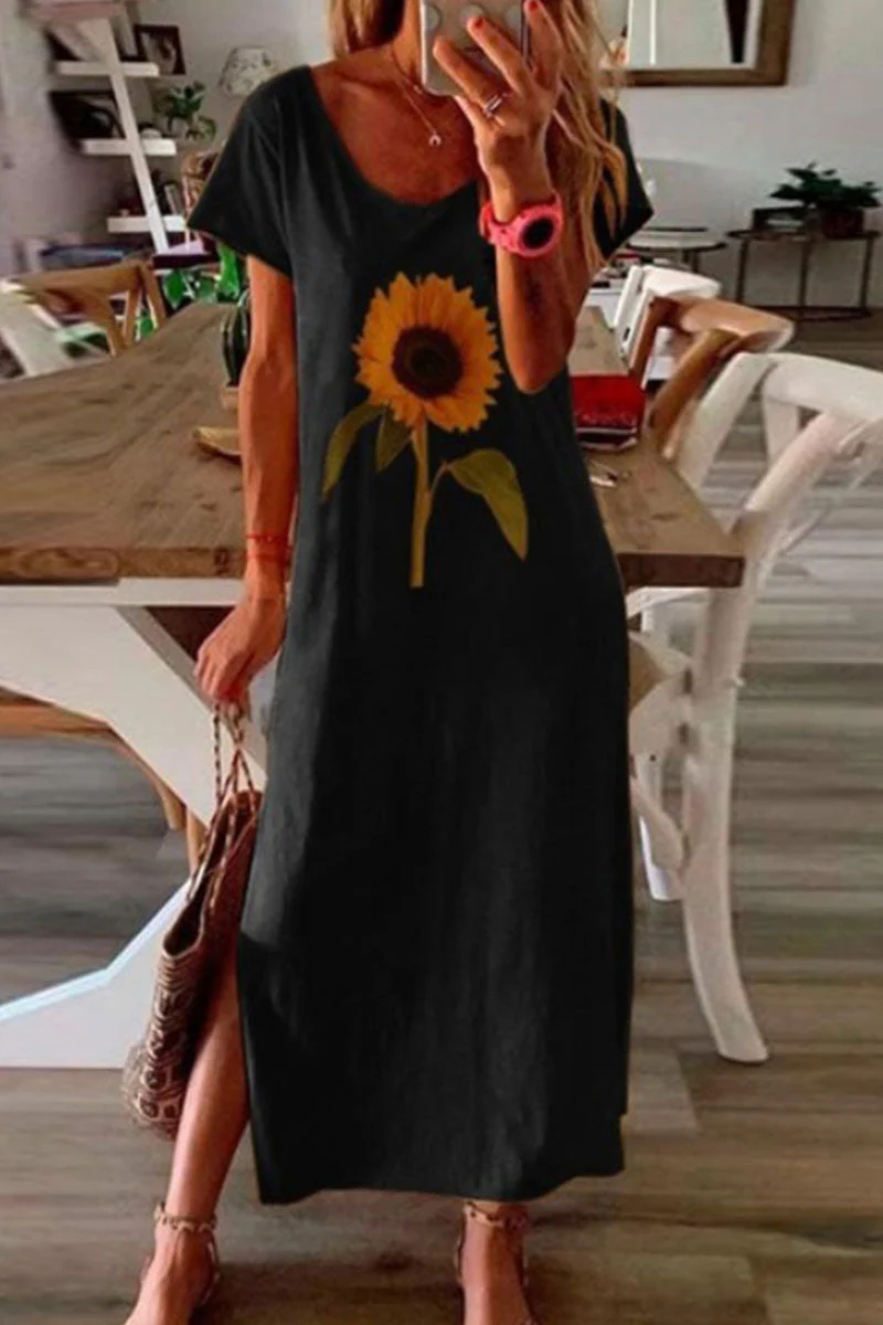 Fashion Casual Print Slit O Neck Pencil Skirt Dresses - Image 12