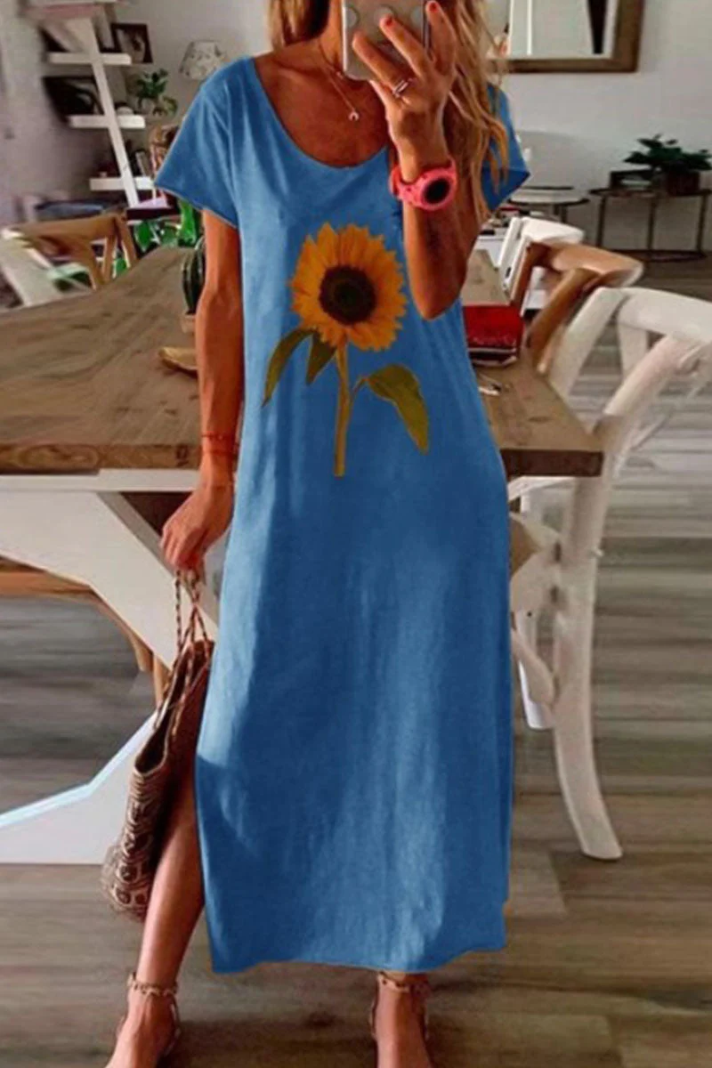 Fashion Casual Print Slit O Neck Pencil Skirt Dresses - Image 13