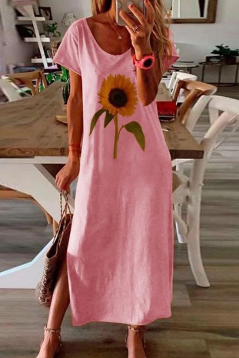 Fashion Casual Print Slit O Neck Pencil Skirt Dresses - Image 3