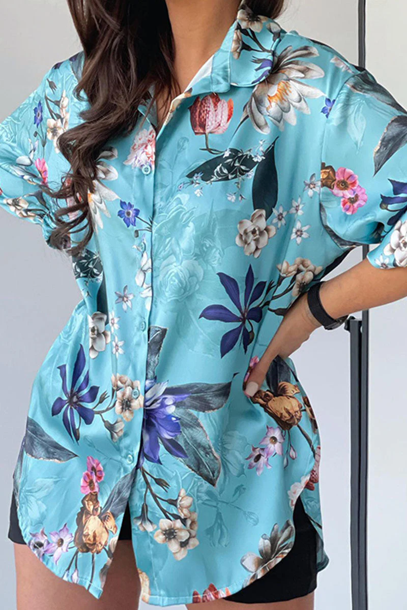 Fashion Casual Print Split Joint Turndown Collar Tops - Image 11