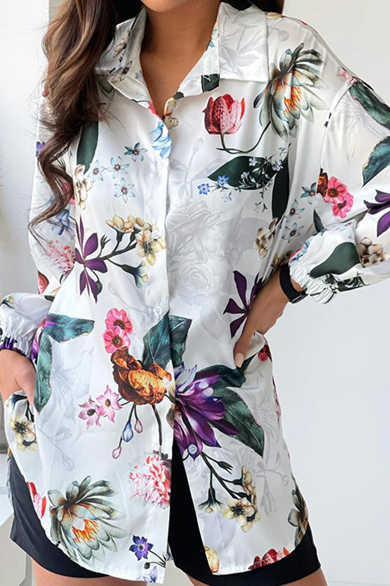 Fashion Casual Print Split Joint Turndown Collar Tops - Image 12