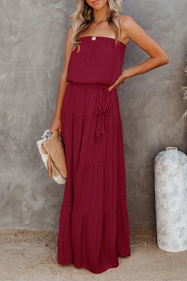 Fashion Casual Solid Frenulum Flounce Strapless Cake Skirt Dresses(8 Colors) - Image 27