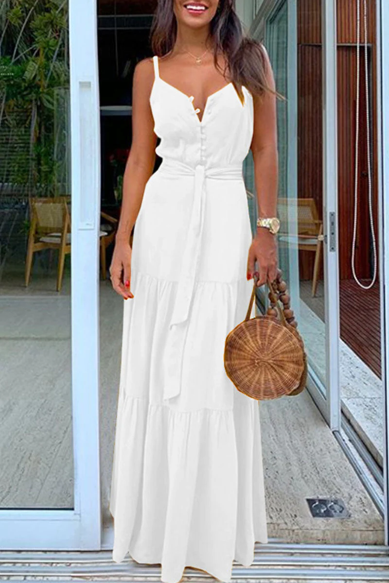 Fashion Casual Solid Frenulum V Neck Sling Dresses(5 Colors) - Image 7