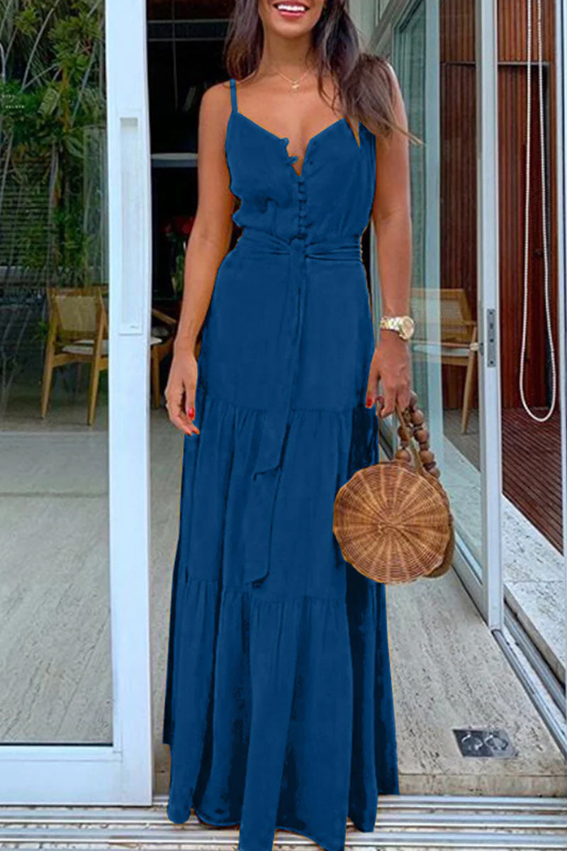 Fashion Casual Solid Frenulum V Neck Sling Dresses(5 Colors) - Image 9