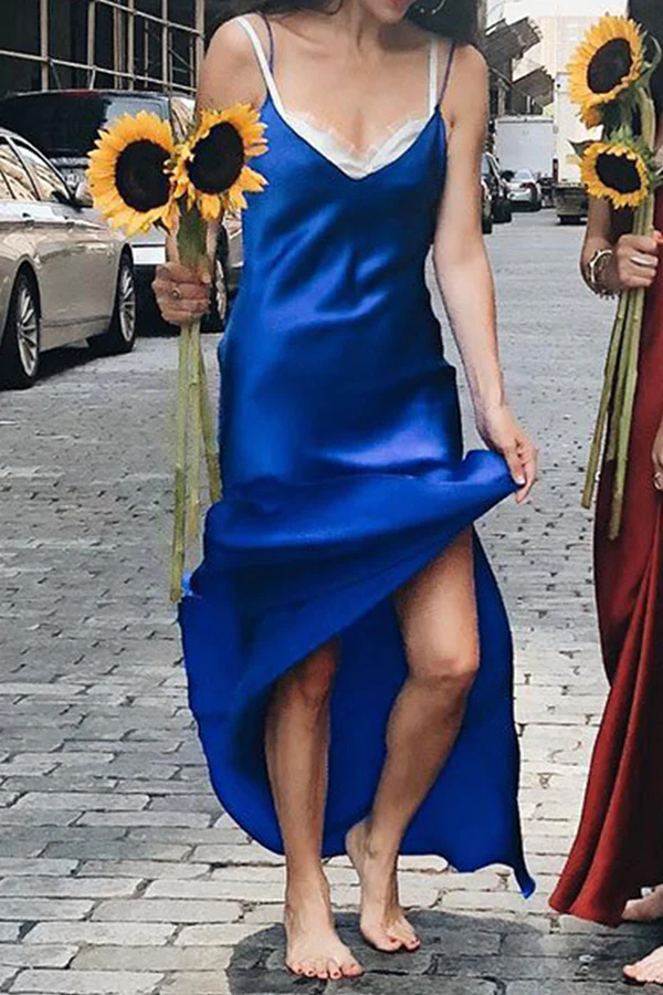 Fashion Casual Solid Patchwork Slit V Neck A Line Dresses  (Without Belt) - Image 14