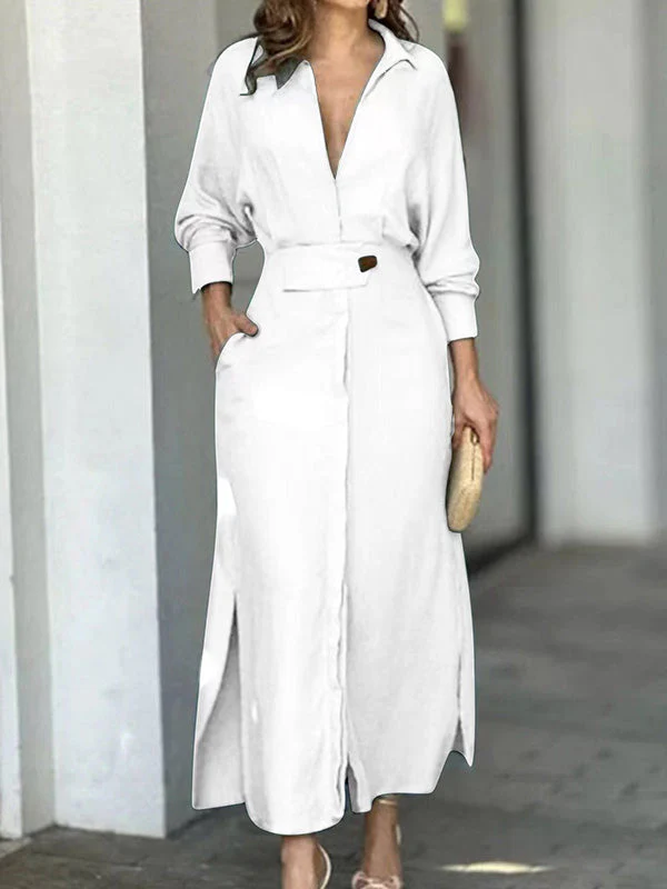 Fashion Cotton Linen Solid Color V-neck Dress - Image 5