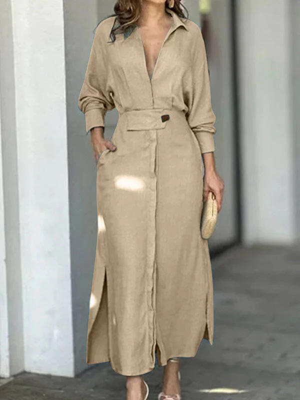 Fashion Cotton Linen Solid Color V-neck Dress - Image 7