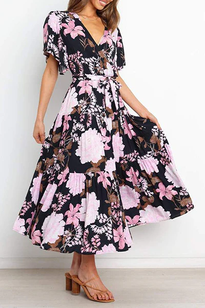 Fashion Elegant Floral Flounce Strap Design V Neck Waist Skirt Dresses(4 Colors) - Image 10
