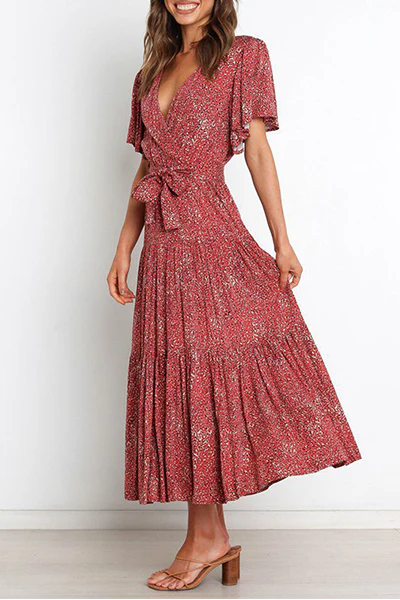 Fashion Elegant Floral Flounce Strap Design V Neck Waist Skirt Dresses(4 Colors) - Image 11