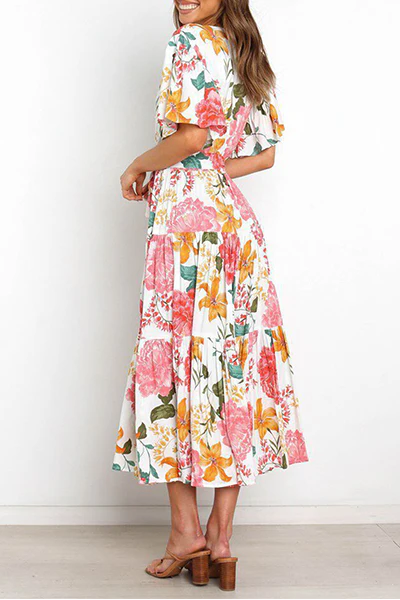 Fashion Elegant Floral Flounce Strap Design V Neck Waist Skirt Dresses(4 Colors) - Image 12
