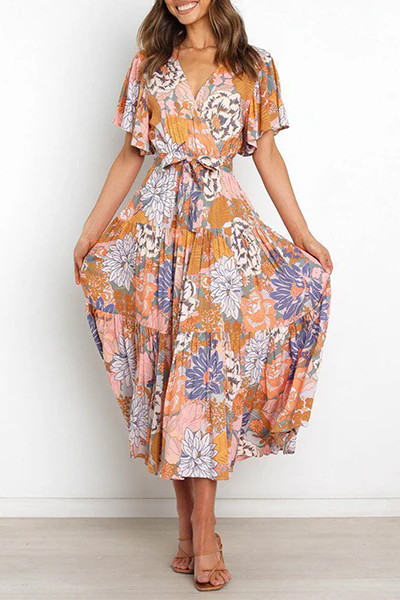 Fashion Elegant Floral Flounce Strap Design V Neck Waist Skirt Dresses(4 Colors) - Image 13