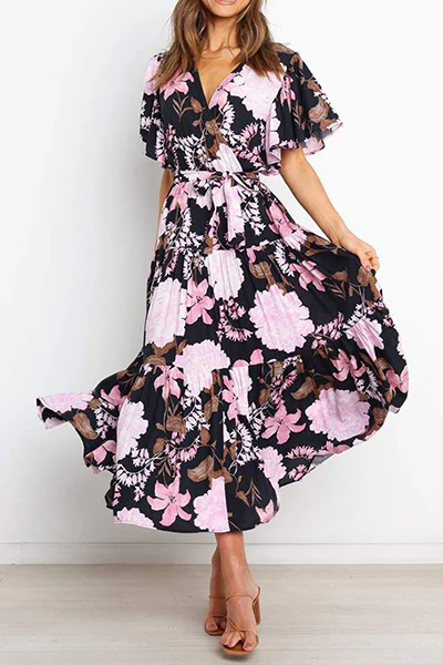 Fashion Elegant Floral Flounce Strap Design V Neck Waist Skirt Dresses(4 Colors) - Image 14