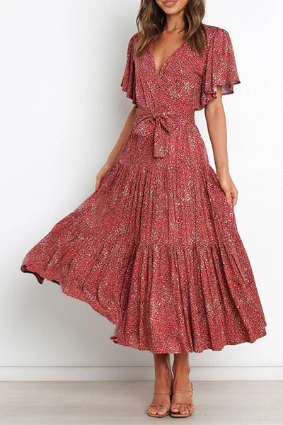 Fashion Elegant Floral Flounce Strap Design V Neck Waist Skirt Dresses(4 Colors) - Image 15