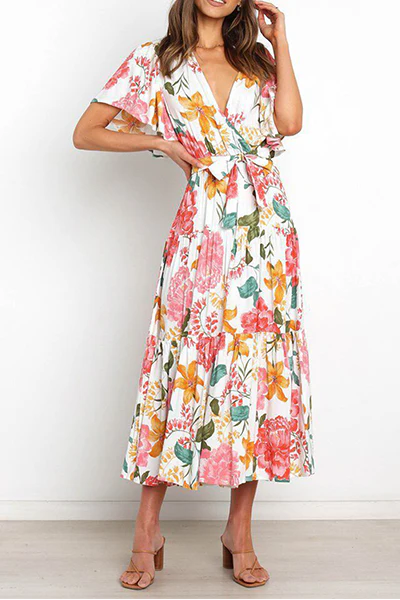 Fashion Elegant Floral Flounce Strap Design V Neck Waist Skirt Dresses(4 Colors) - Image 20